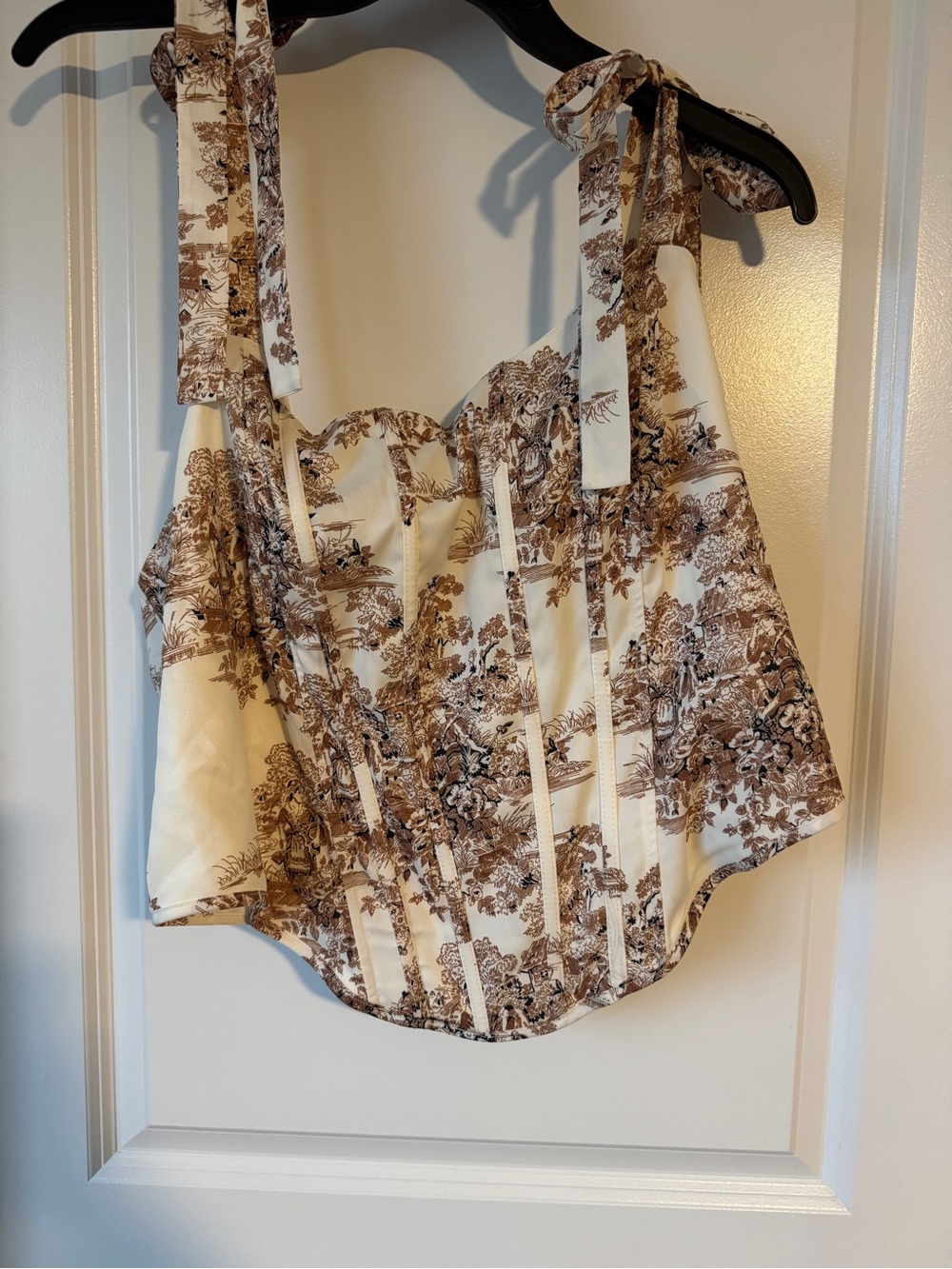 Fashion Nova Cream and Brown Toile Tie-Shoulder Corset Camisole